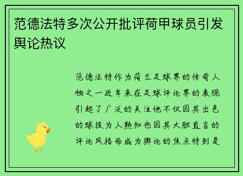 范德法特多次公开批评荷甲球员引发舆论热议 范德法特多次公开批评荷甲球员引发舆论热议